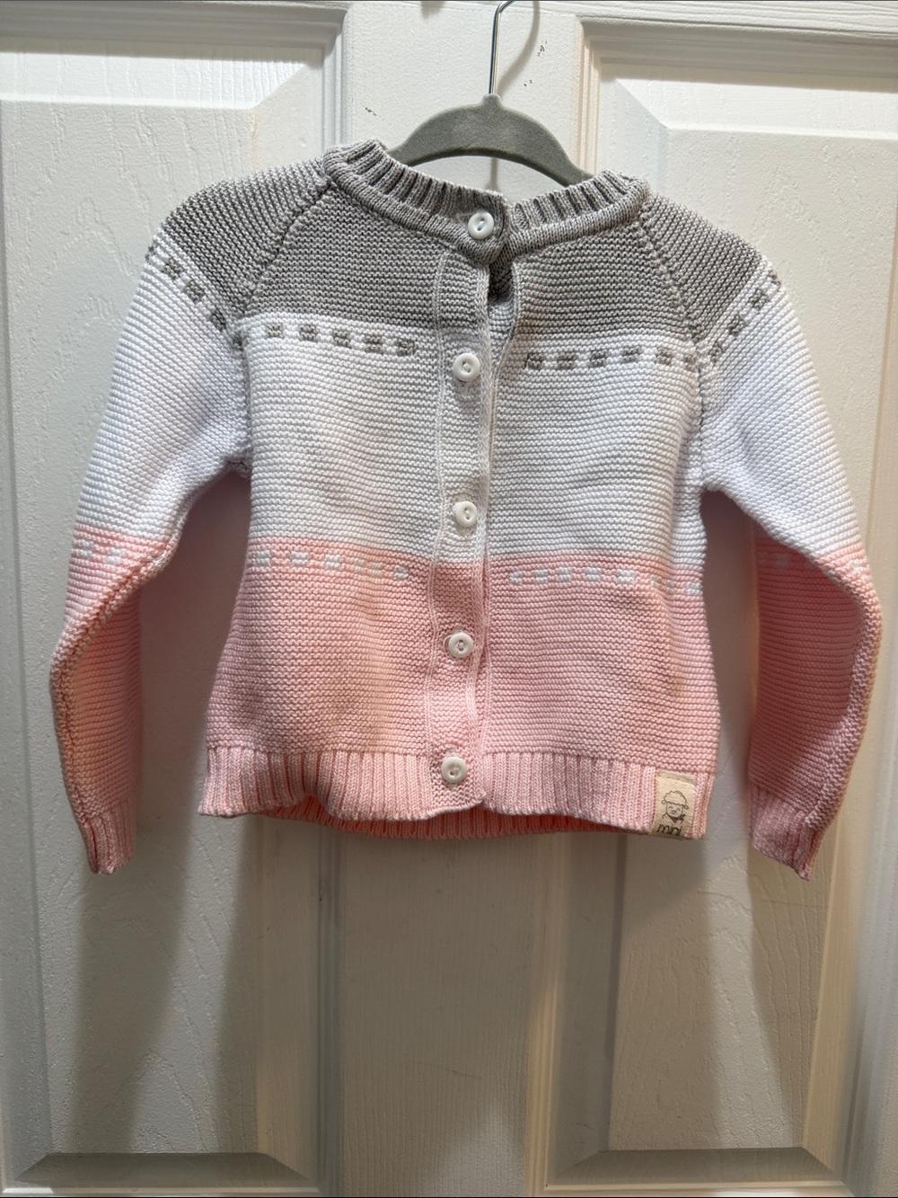 Striped Knit Button-Up Cardigan in Gray, White & Pink— HANDMADE